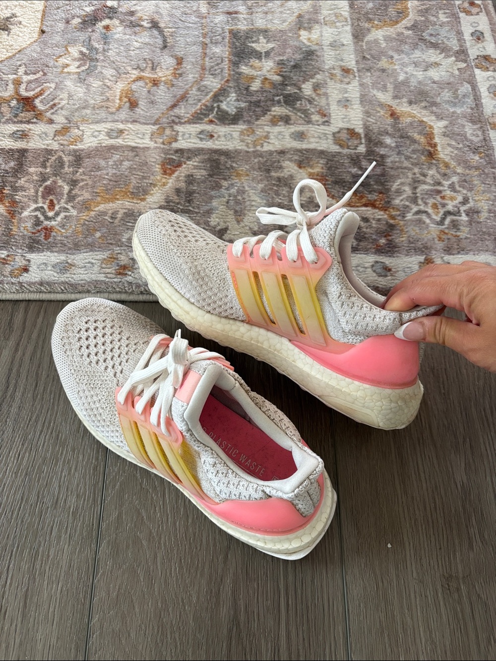 adidas Women’s Ultraboost Sneakers in White with Pink and Yellow Accents